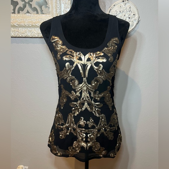 Express Tops - Express  Black and Gold Sequin Top